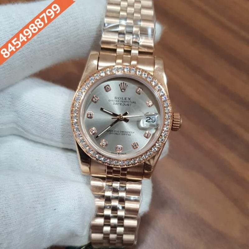 Rolex Date-Just Rose Gold Grey Dial  Diamond Bazel Swiss Automatic Watch