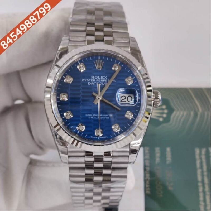 Rolex DateJust Blue Diamond Dial Fluted Bezel Jubilee Swiss ETA Automatic Movement Watch