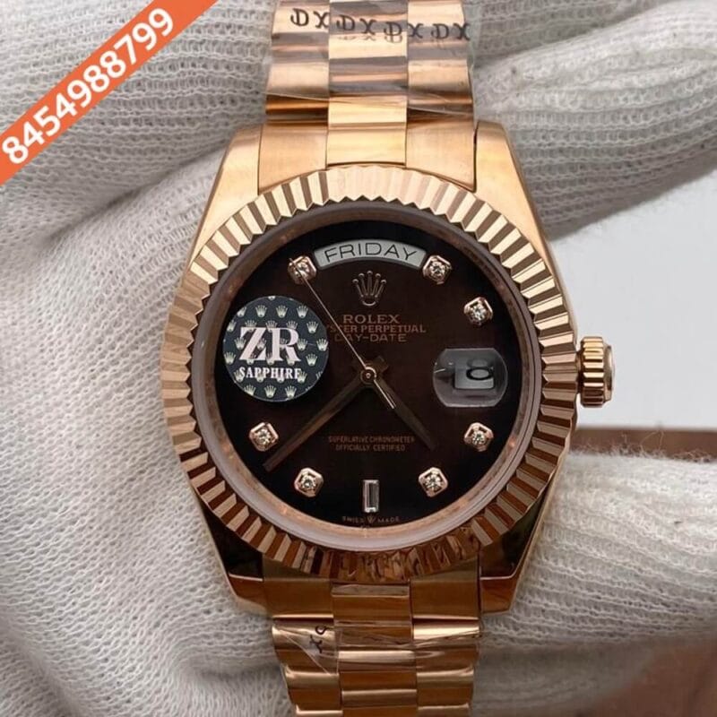 Rolex Day Date Diamond Marking Rose Gold Brown Dial Swiss Automatic Watch