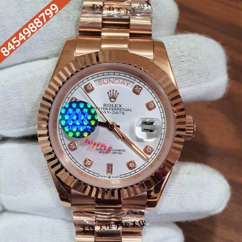 Rolex Day Date Diamond Marking Rose Gold White Dial Swiss Automatic Watch