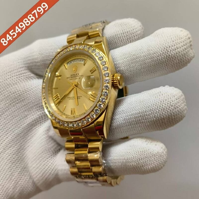 Rolex Day-Date Roman Marking  Diamond Bezel Golden Dial Swiss Automatic Watch - Image 3