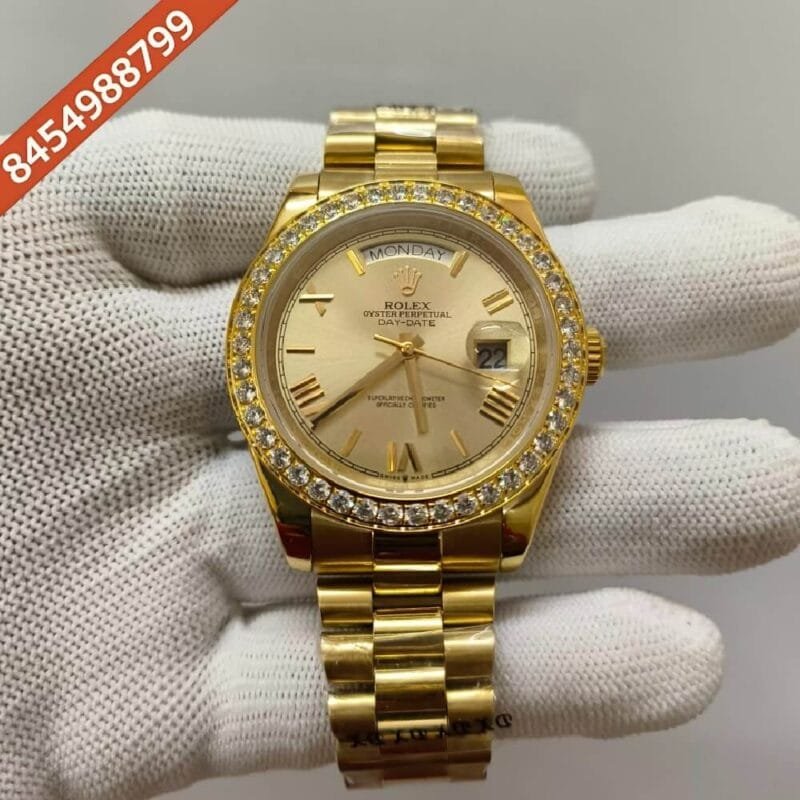 Rolex Day-Date Roman Marking  Diamond Bezel Golden Dial Swiss Automatic Watch