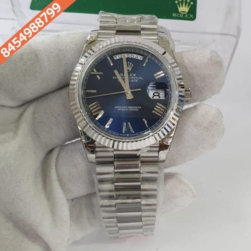 Rolex Day-Date Silver Blue Roman Marking Swiss ETA Calibre 3255 Automatic Movement Watch