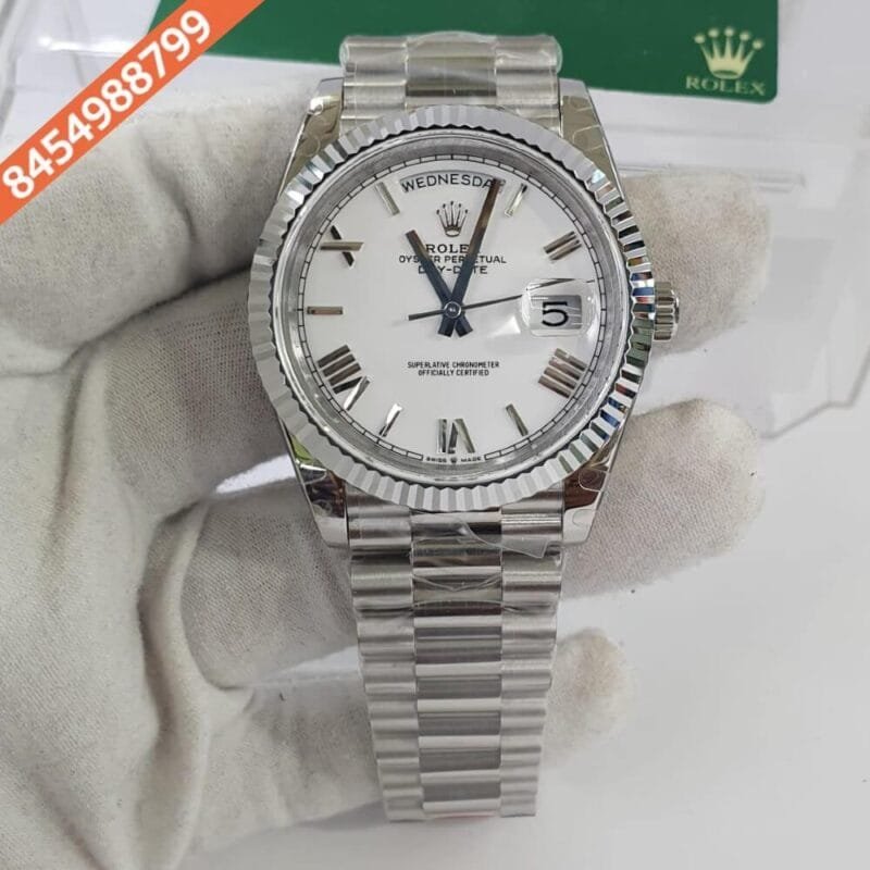 Rolex Day-Date Silver White Roman Marking Swiss ETA Calibre 3255 Automatic Movement Watch