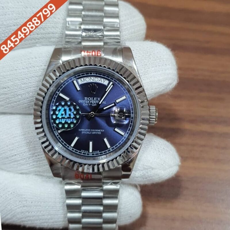 Rolex Day Date Stick Marking Steel Blue Dial Swiss Automatic Watch
