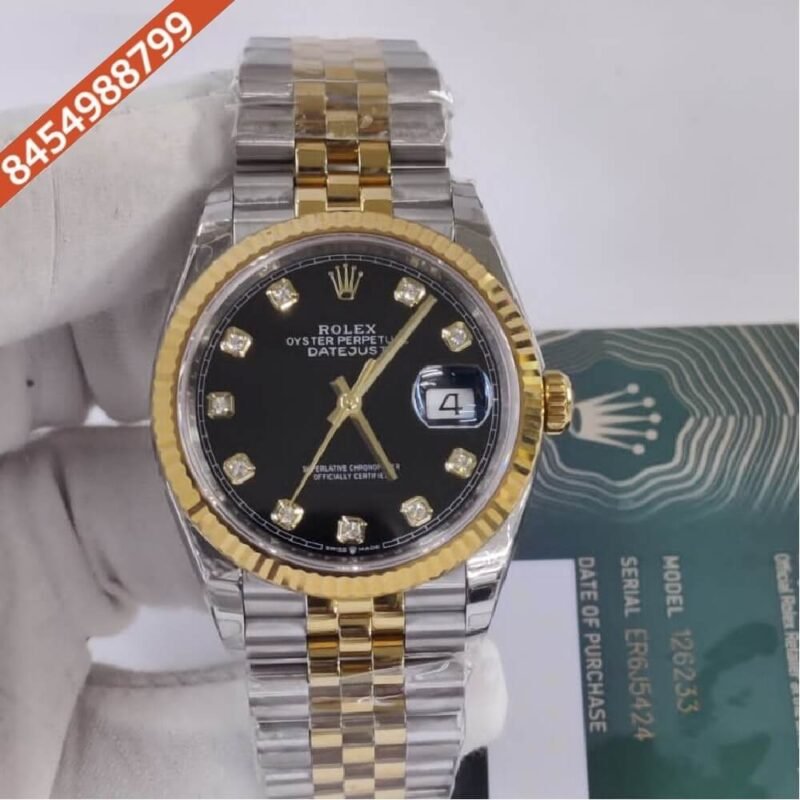 Rolex Oyster Perpetual Date Just Dual Tone Black Dial Diamond Marker Swiss ETA Automatic Movement Watch