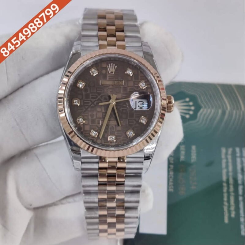 Rolex Oyster Perpetual Date Just Dual Tone Brown Dial Diamond Marker Swiss ETA Automatic Movement Watch