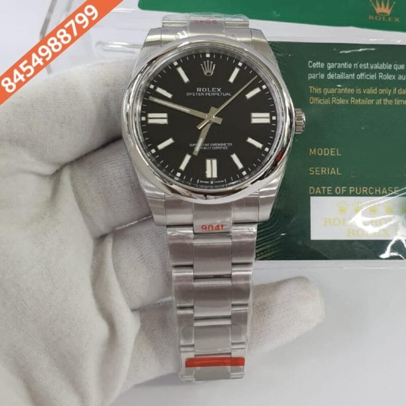 Rolex Oyster Perpetual Silver Black Dial Swiss ETA 3230 Automatic Movement Watch