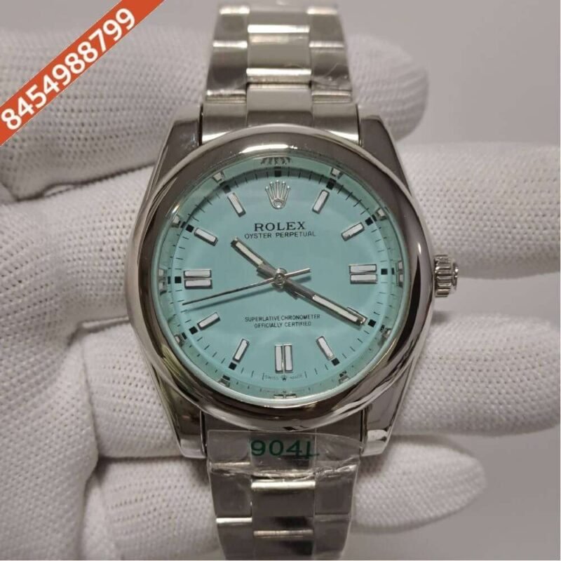 Rolex Oyster Perpetual Silver Blue Dial Swiss Automatic Watch