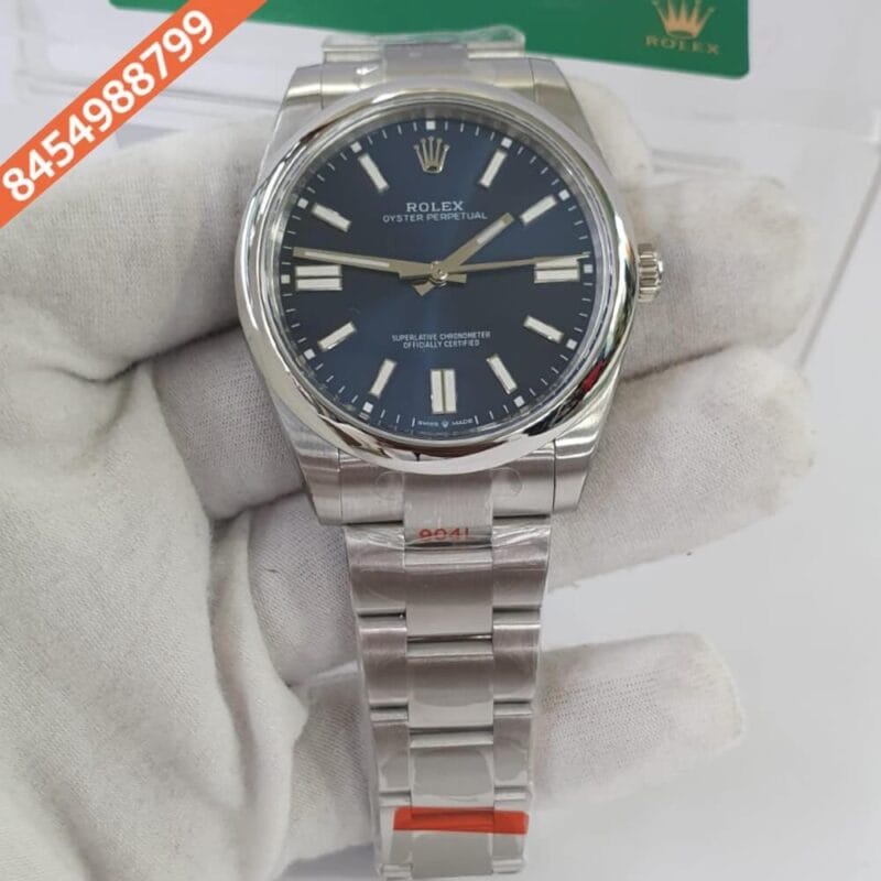 Rolex Oyster Perpetual Silver Blue Dial Swiss ETA 3230 Automatic Movement Watch