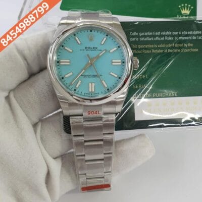 Rolex Oyster Perpetual Silver Blue Dial Swiss ETA 3230 Automatic Movement Watch