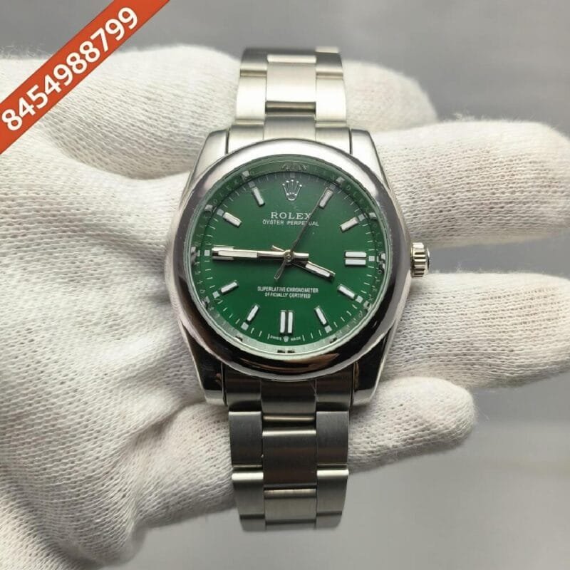 Rolex Oyster Perpetual Silver Green Dial Swiss Automatic Watch