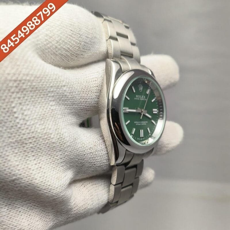 Rolex Oyster Perpetual Silver Green Dial Swiss Automatic Watch - Image 3