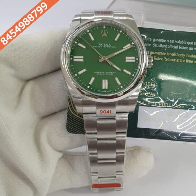 Rolex Oyster Perpetual Silver Green Dial Swiss ETA 3230 Automatic Movement Watch