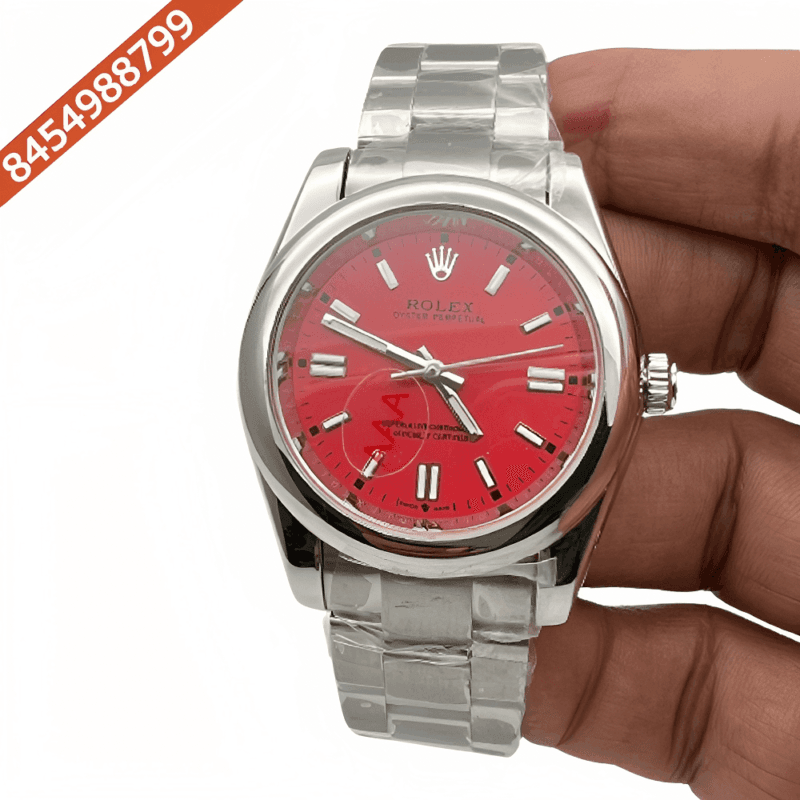 Rolex Oyster Perpetual Silver Red Dial Swiss Automatic Watch