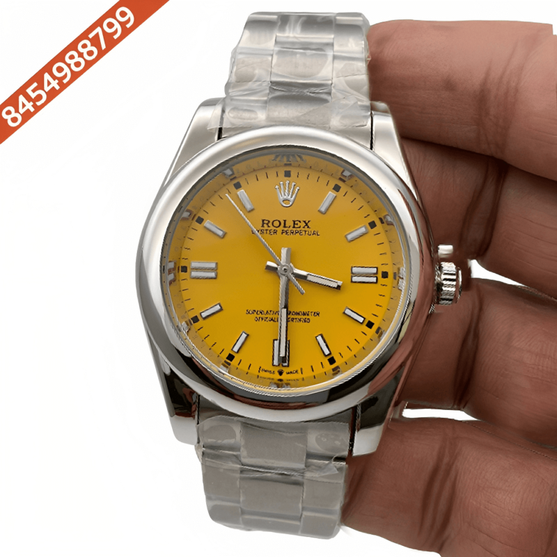 Rolex Oyster Perpetual Silver Yellow Dial Swiss Automatic  Watch