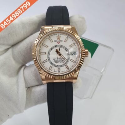 Rolex Sky-Dweller Rose Gold White Dial Black Rubber Swiss ETA Calibre 9001 Automatic Movement Watch