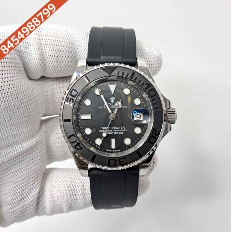 Rolex Yacht Master Silver Black Rubber Strap Automatic Watch