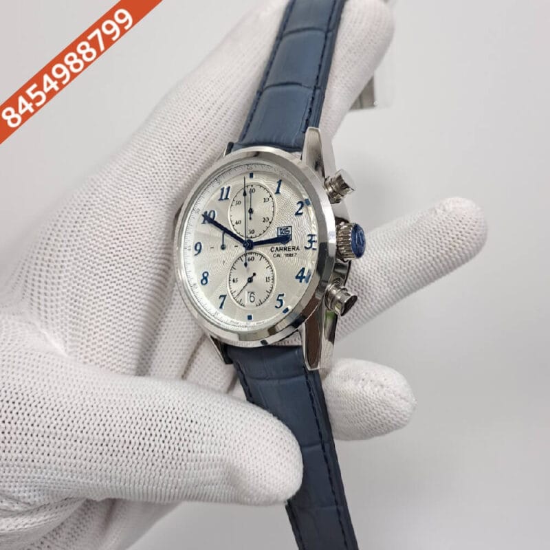 Tag Heuer Carrera Silver White Dial Blue Leather Strap Swiss Watch - Image 3
