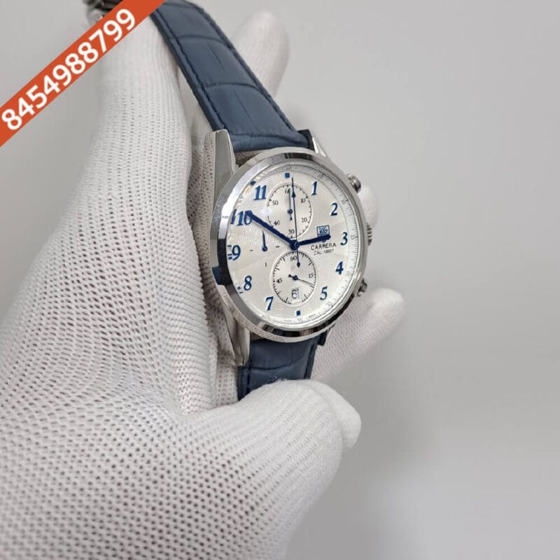 Tag Heuer Carrera Silver White Dial Blue Leather Strap Swiss Watch - Image 2