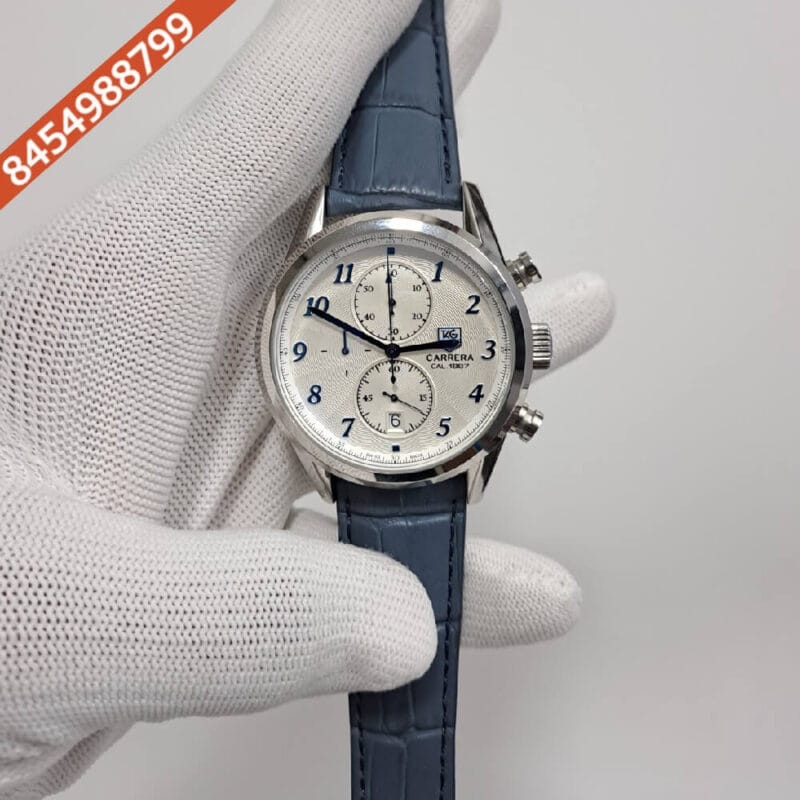 Tag Heuer Carrera Silver White Dial Blue Leather Strap Swiss Watch