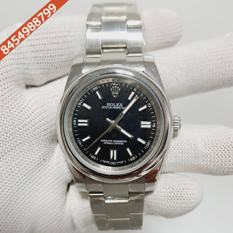 Rolex Oyster Perpetual Silver Black Dial Swiss Automatic Watch