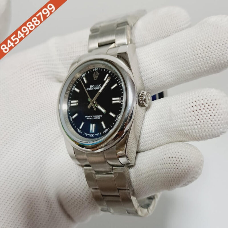 Rolex Oyster Perpetual Silver Black Dial Swiss Automatic Watch - Image 2