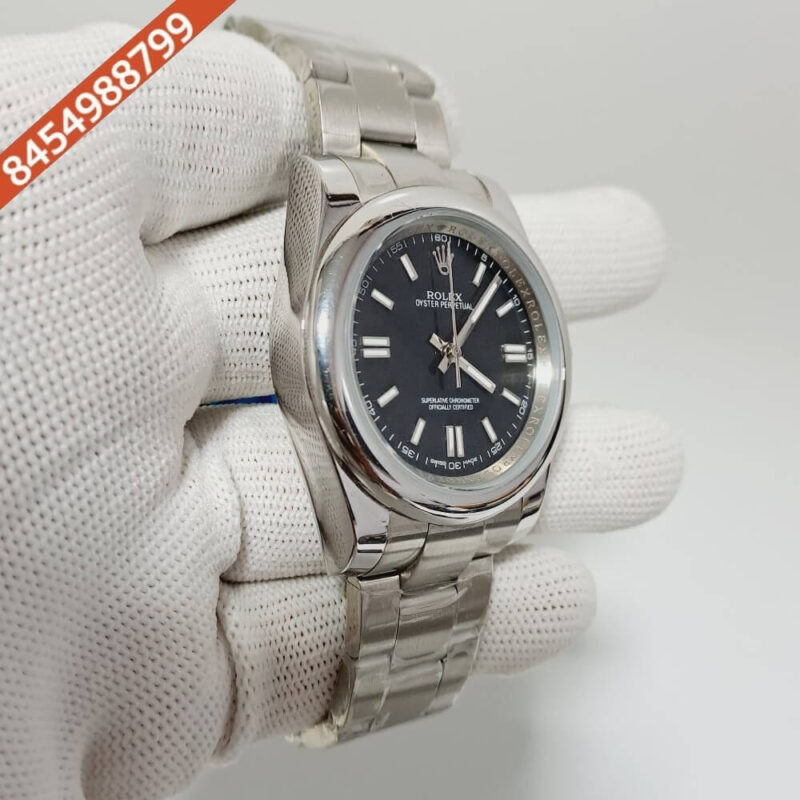 Rolex Oyster Perpetual Silver Black Dial Swiss Automatic Watch - Image 3