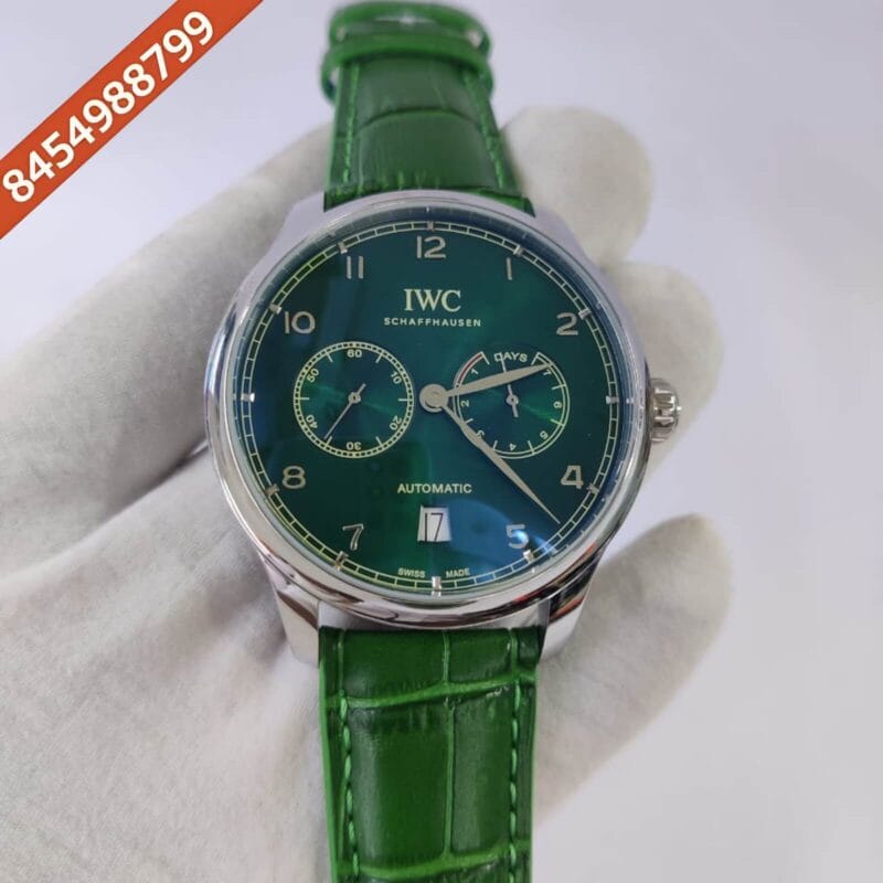I W C Portuguese Power Reserve Silver Green Dial Leather Strap Swiss Automatic Watch