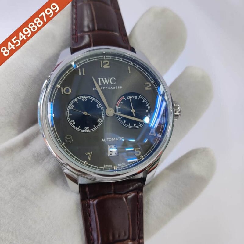 I W C Portuguese Power Reserve Silver Grey Dial Leather Strap Swiss Automatic Watch