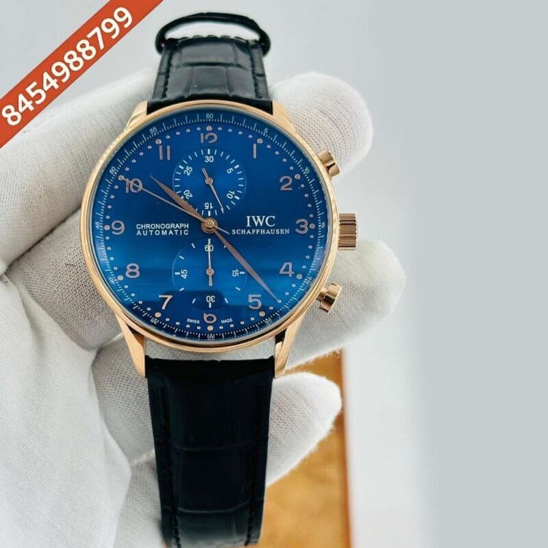 I W C Portugieser Chronograph Rose Gold Blue Dial Leather Strap Swiss Automatic Watch