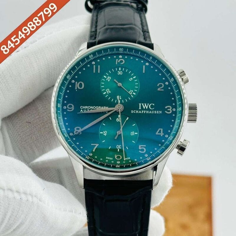 I W C Portugieser Chronograph Silver Green Dial Leather Strap Swiss Automatic Watch