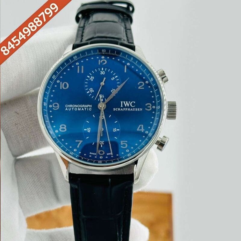 I W C Portugieser Chronograph Silver Blue Dial Leather Strap Swiss Automatic Watch