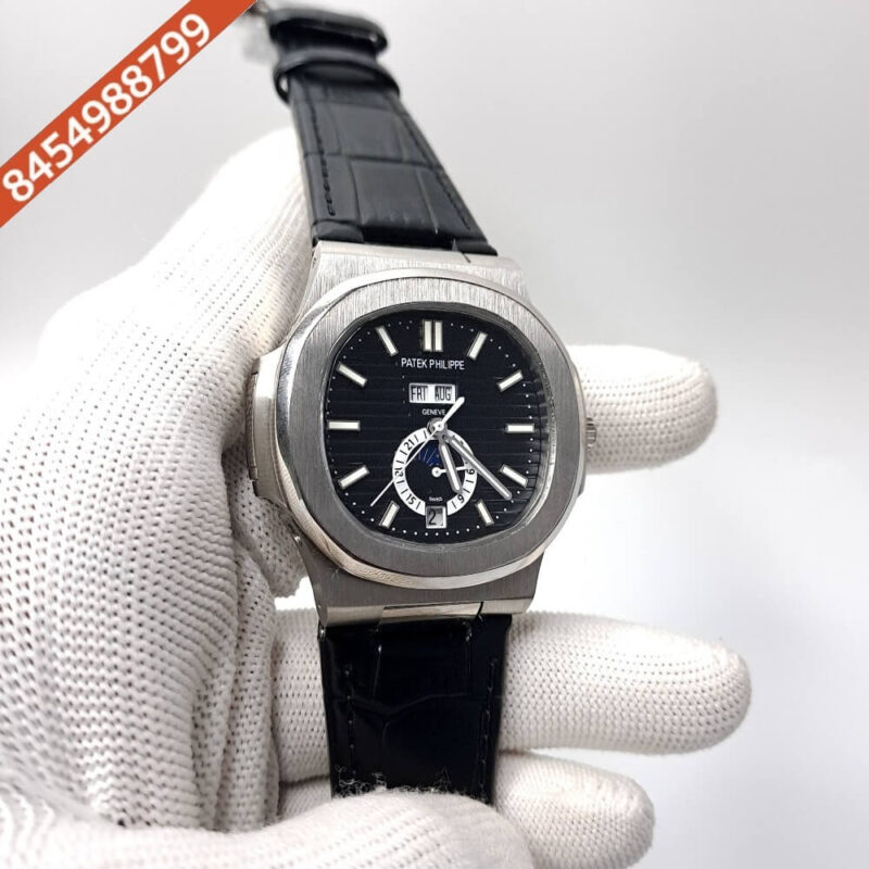Patek Philippe Nautilus Annual Calendar Moon Phase Leather Strap Swiss Automatic Watch - Image 3