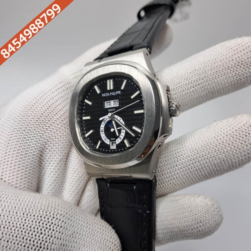 Patek Philippe Nautilus Annual Calendar Moon Phase Leather Strap Swiss Automatic Watch - Image 2
