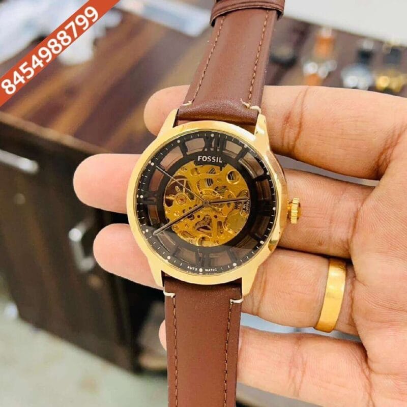 Fossil Skeleton Dial Rose Gold Case Brown Leather Swiss Automatic Watch