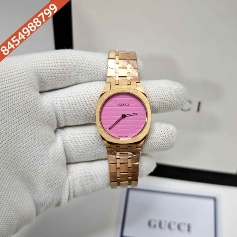 Gucci 25H Full Polished Rose Gold Pink Dial Steel Strap Swiss Quartz Watch