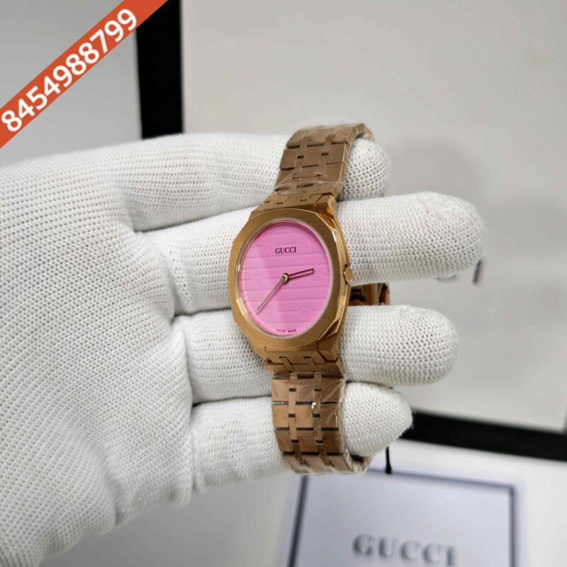 Gucci 25H Full Polished Rose Gold Pink Dial Steel Strap Swiss Quartz Watch - Image 2