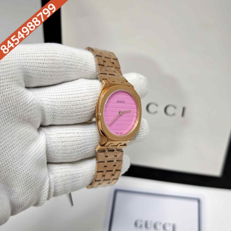 Gucci 25H Full Polished Rose Gold Pink Dial Steel Strap Swiss Quartz Watch - Image 3