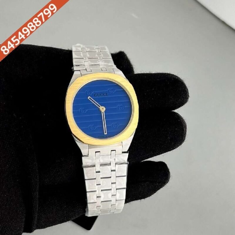 Gucci Steel Gold Bezel Blue Dial Watch