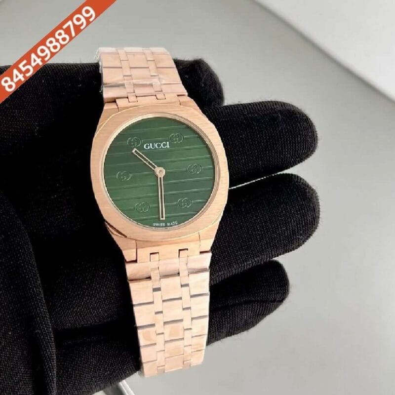 Gucci Steel Rose Gold Bezel Green Dial Watch