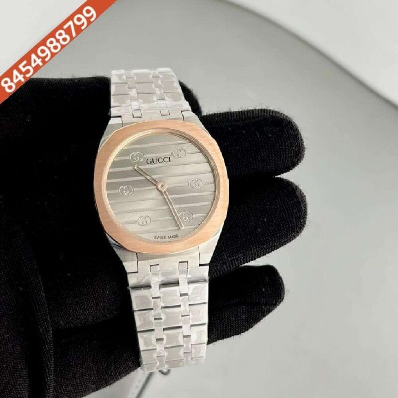 Gucci Steel Rose Gold Bezel Grey Dial Swiss Watch