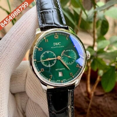 I W C Portuguese Power Reserve Silver Green Dial Leather Strap Swiss Automatic Watch
