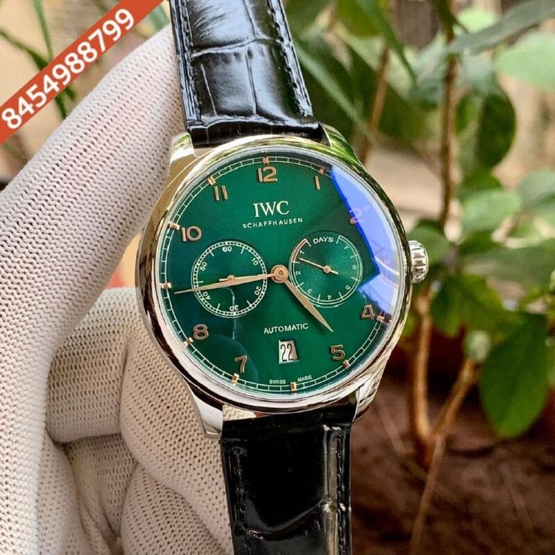 I W C Portuguese Power Reserve Silver Green Dial Leather Strap Swiss Automatic Watch
