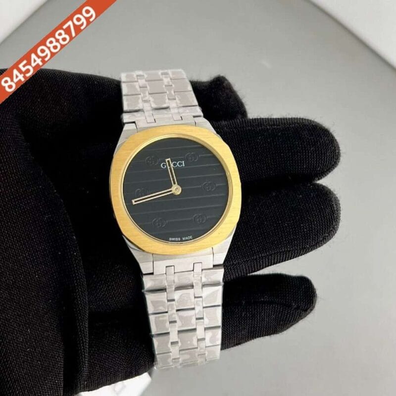 Gucci Steel Gold Bezel Black Dial Swiss Watch