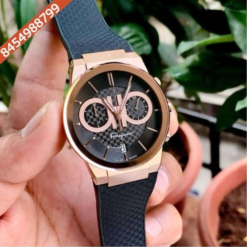 Ferragamo Sapphire Chronograph Black Dial Black Rubber Strap Swiss Watch
