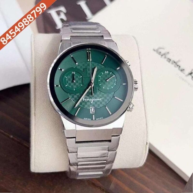 Ferragamo Sapphire Chronograph Silver Green Dial Swiss Watch