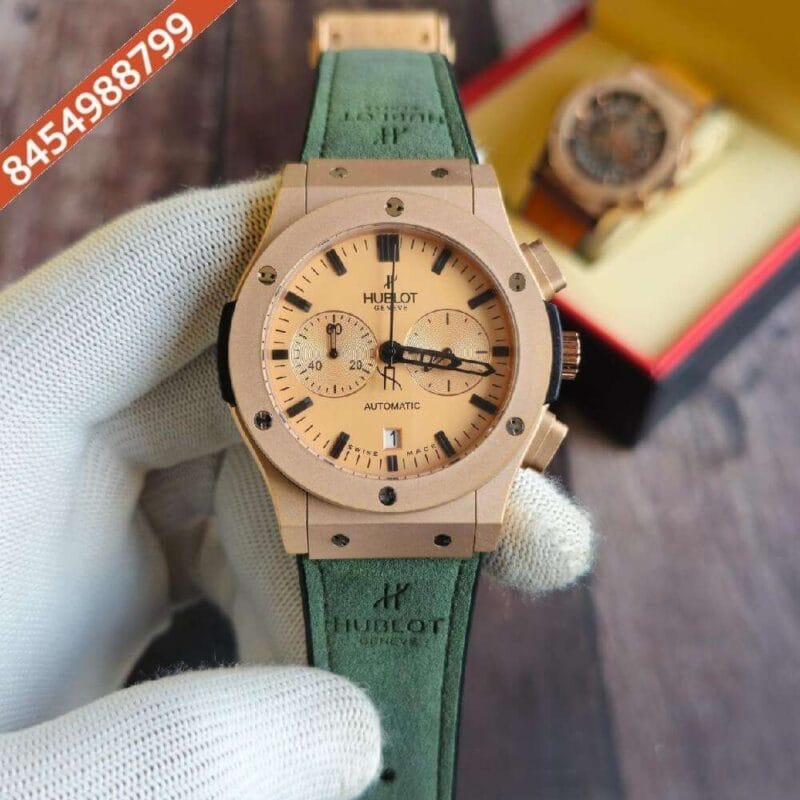 Hublot Classic Fusion Chronograph Rose Gold Dial Green Leather Strap Watch
