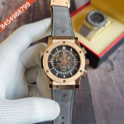 Hublot Classic Fussion Chronograph Rose Gold Case Grey Leather Strap Watch