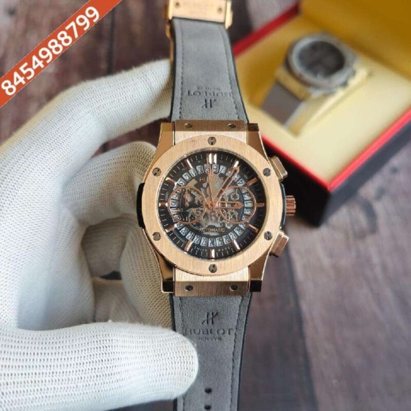 Hublot Classic Fussion Chronograph Rose Gold Case Grey Leather Strap Watch